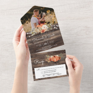 Invitation Tout En Un Citrouille rustique Automne Grange Bois Mariage ph
