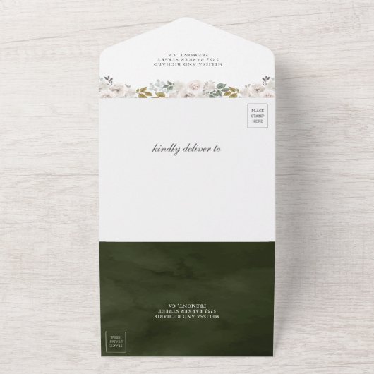 Invitation Tout En Un Citrouille vert foncé et Mariage floral blanc (Dehors)