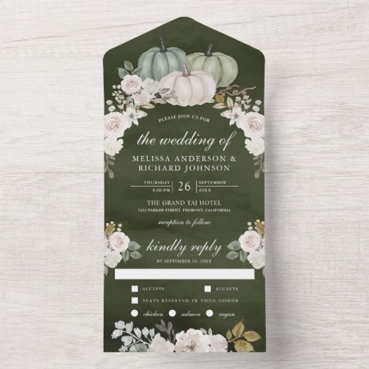 Invitation Tout En Un Citrouille vert foncé et Mariage floral blanc (À l'intérieur)
