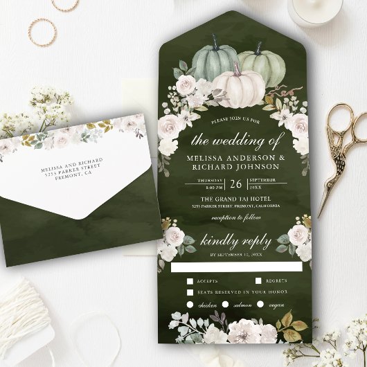 Invitation Tout En Un Citrouille vert foncé et Mariage floral blanc