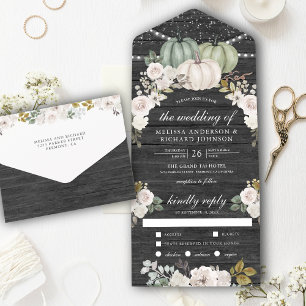 Invitation Tout En Un Citrouille Vert Sauge et Bois Floral Blanc de Mari