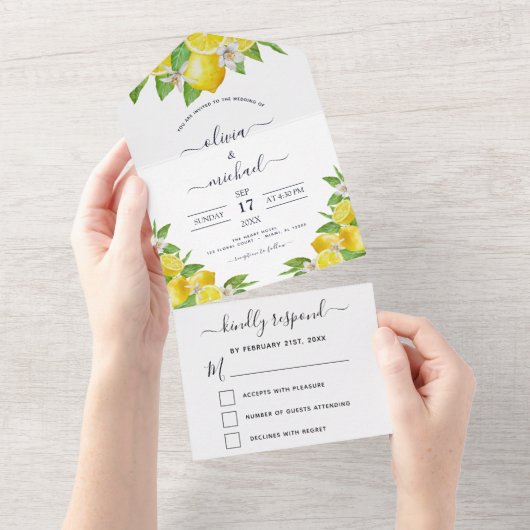 Invitation Tout En Un Citrus citron Mariage jaune printemps été RSVP (Déchirure)