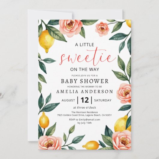 Invitation Tout en un Citrus Citrus Floral Baby shower d'été (Devant)