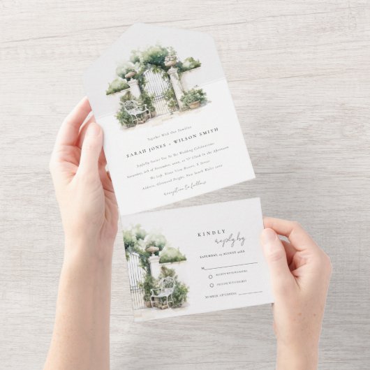 Invitation Tout En Un Classé Français Jardin Paysage Mariage d'aquarelle (Déchirure)