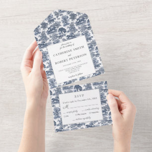 Invitation Tout En Un Classé Vintage Chic Elegant Blue Horse Toile