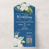 Invitation Tout En Un Classic Blue Floral QR Code Tout en un (À l'intérieur)