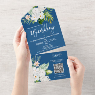 Invitation Tout En Un Classic Blue Floral QR Code Tout en un