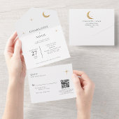 Invitation Tout En Un Classic Celestial Gold Moon Stars Mariage QR Code