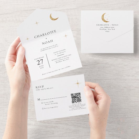 Invitation Tout En Un Classic Celestial Gold Moon Stars Mariage QR Code