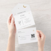 Invitation Tout En Un Classic Celestial Gold Moon Stars Mariage QR Code (Déchirure)