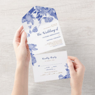 Invitation Tout En Un Classique Bleu & Blanc Lotus Floral Chinoiserie