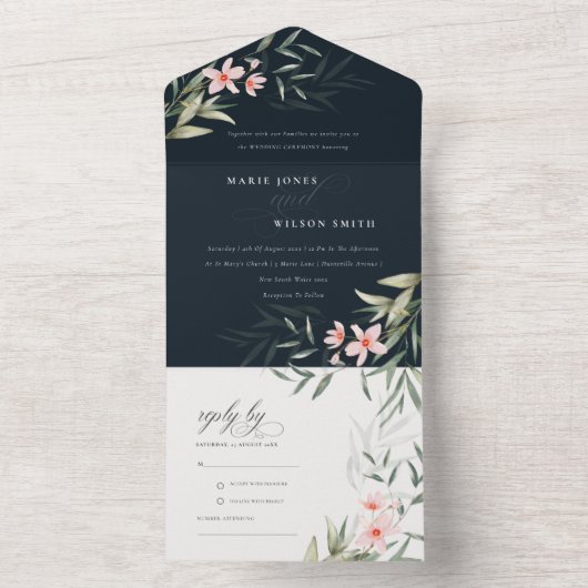 Invitation Tout En Un Classy Dark Navy Blush Greenery Floral Mariage (À l'intérieur)