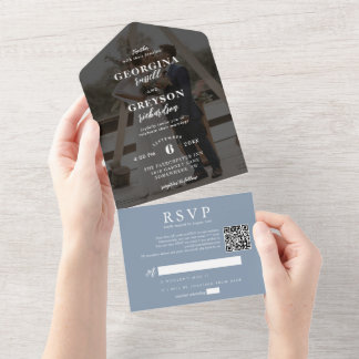 Invitation Tout En Un Classy Dusty Blue RSVP Photo QR Code Mariage