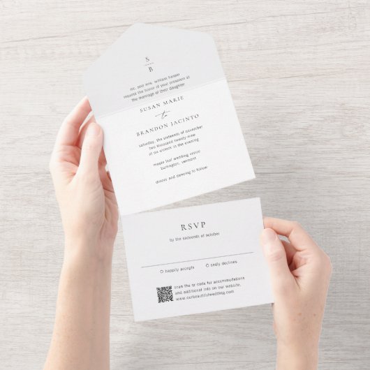 Invitation Tout En Un Clean Black and White Monogram Modern Wedding (Déchirure)