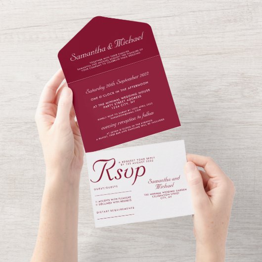 Invitation Tout En Un Clean simple Burgundy white wedding (Déchirure)