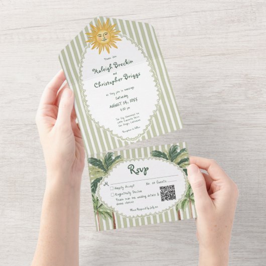 Invitation Tout En Un Coastal Chic Sun Palm Tree Wedding QR Code (Déchirure)