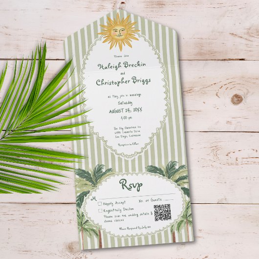 Invitation Tout En Un Coastal Chic Sun Palm Tree Wedding QR Code