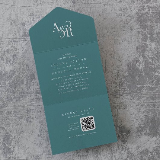 Invitation Tout En Un Code QR ANDREA Dark Teal Simple Minimal Mariage