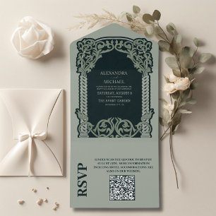 Invitation Tout En Un Code QR Antique Mariage Art Nouveau