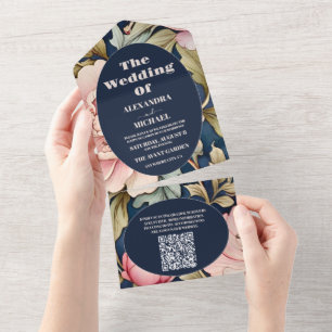 Invitation Tout En Un Code QR Aquarelle Rose Pivoine Art Nouveau Mariag