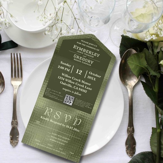 Invitation Tout En Un Code QR Arrière - plan Olive Sage Green Shimmer