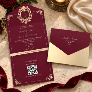 Invitation Tout En Un Code QR Baroque Bourgogne Or Mariage