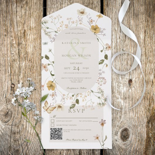 Invitation Tout En Un Code QR blanc du cadre Fleur sauvage rustique