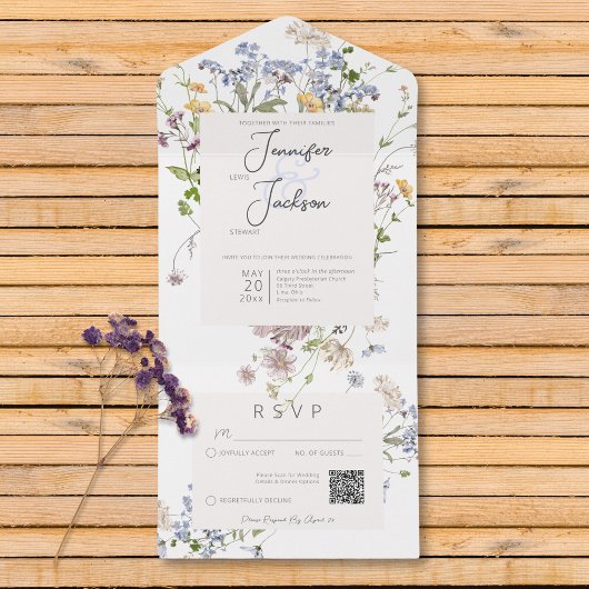 Invitation Tout En Un Code QR blanc Fleur sauvage Boho délicat