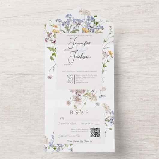 Invitation Tout En Un Code QR blanc Fleur sauvage Boho délicat (À l'intérieur)