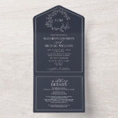 Invitation Tout En Un Code QR Blason Feuillu Bleu Marine Monogramme Mari (À l'intérieur)