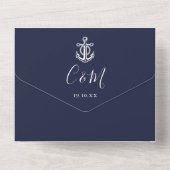 Invitation Tout En Un Code QR bleu marine Ancre de script Mariage nautiq (Verso)