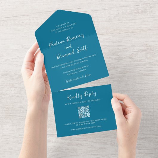 Invitation Tout En Un Code QR bleu moderne Mariage simple (Déchirure)