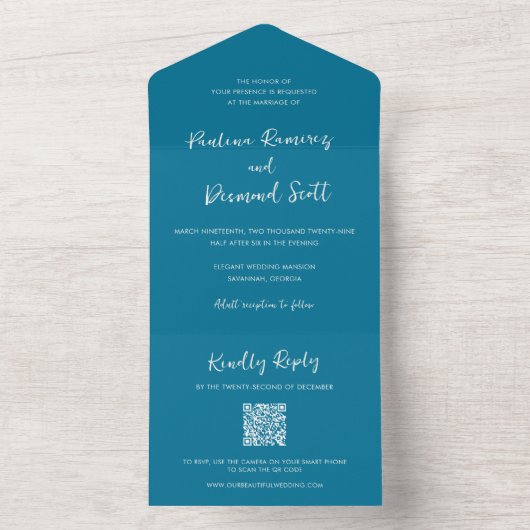 Invitation Tout En Un Code QR bleu moderne Mariage simple (À l'intérieur)