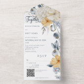 Invitation Tout En Un Code QR bleu rustique jaune et blanc floral blanc (À l'intérieur)