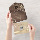 Invitation Tout En Un Code QR Bois Rustique Rose Doré Mariage (Déchirure)