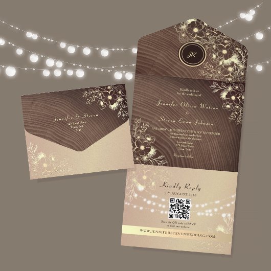Invitation Tout En Un Code QR Bois Rustique Rose Doré Mariage