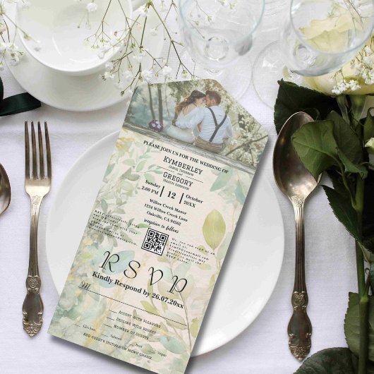 Invitation Tout En Un Code QR botanique Eucalyptus vert crème