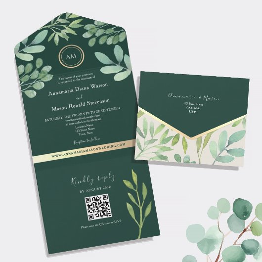 Invitation Tout En Un Code QR Botanique Vert Émeraude Mariage