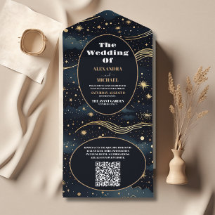 Invitation Tout En Un Code QR Céleste Nuit Bleue Étoiles Lune Mariage