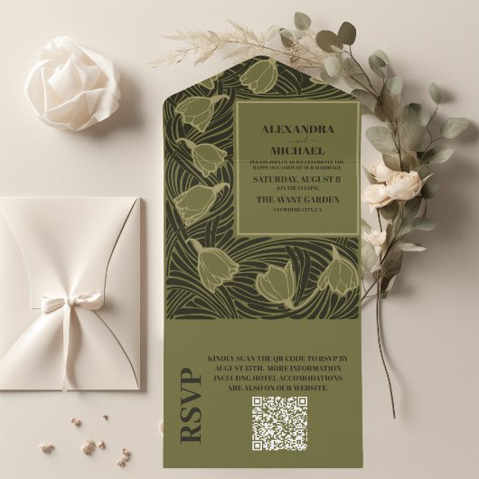 Invitation Tout En Un Code QR Classique Vert Art Nouveau Mariage