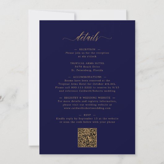 Invitation Tout en un Code QR Code Gold Calligraphie Marine M (Dos)