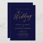 Invitation Tout en un Code QR Code Gold Calligraphie Marine M (Devant / Derrière)