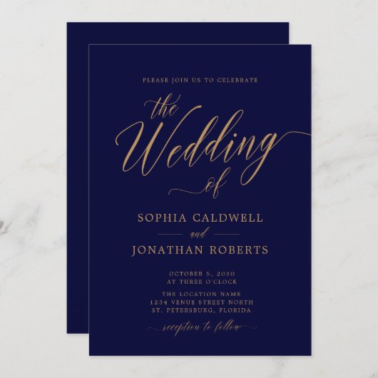 Invitation Tout en un Code QR Code Gold Calligraphie Marine M (Devant / Derrière)