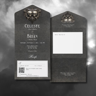 Invitation Tout En Un Code QR crânes et cœur noir et blanc gothique