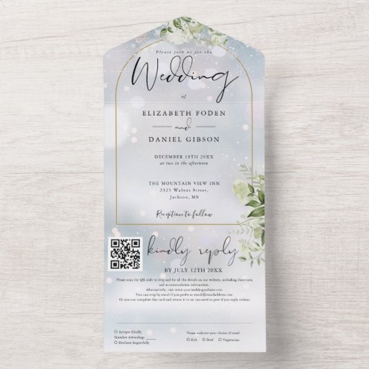 Invitation Tout En Un Code QR d'arche dorée, verdure, mariage d'hiver (À l'intérieur)