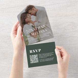 Invitation Tout En Un Code QR   Dark Green Simple Overlay Mariage photo