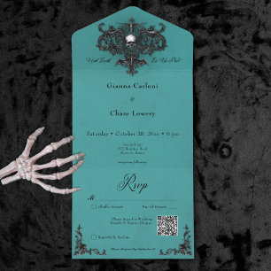 Invitation Tout En Un Code QR de filigree d'Halloween noir et Turquoise 