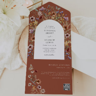 Invitation Tout En Un Code QR de fleur sauvage en terre cuite