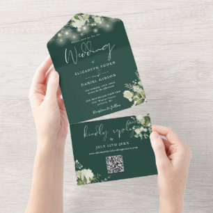 Invitation Tout En Un Code QR de guirlandes lumineuses florales émeraude
