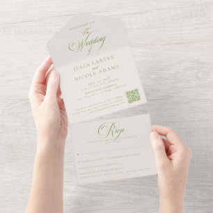 Invitation Tout En Un Code QR de mariage à la calligraphie verte ivoire